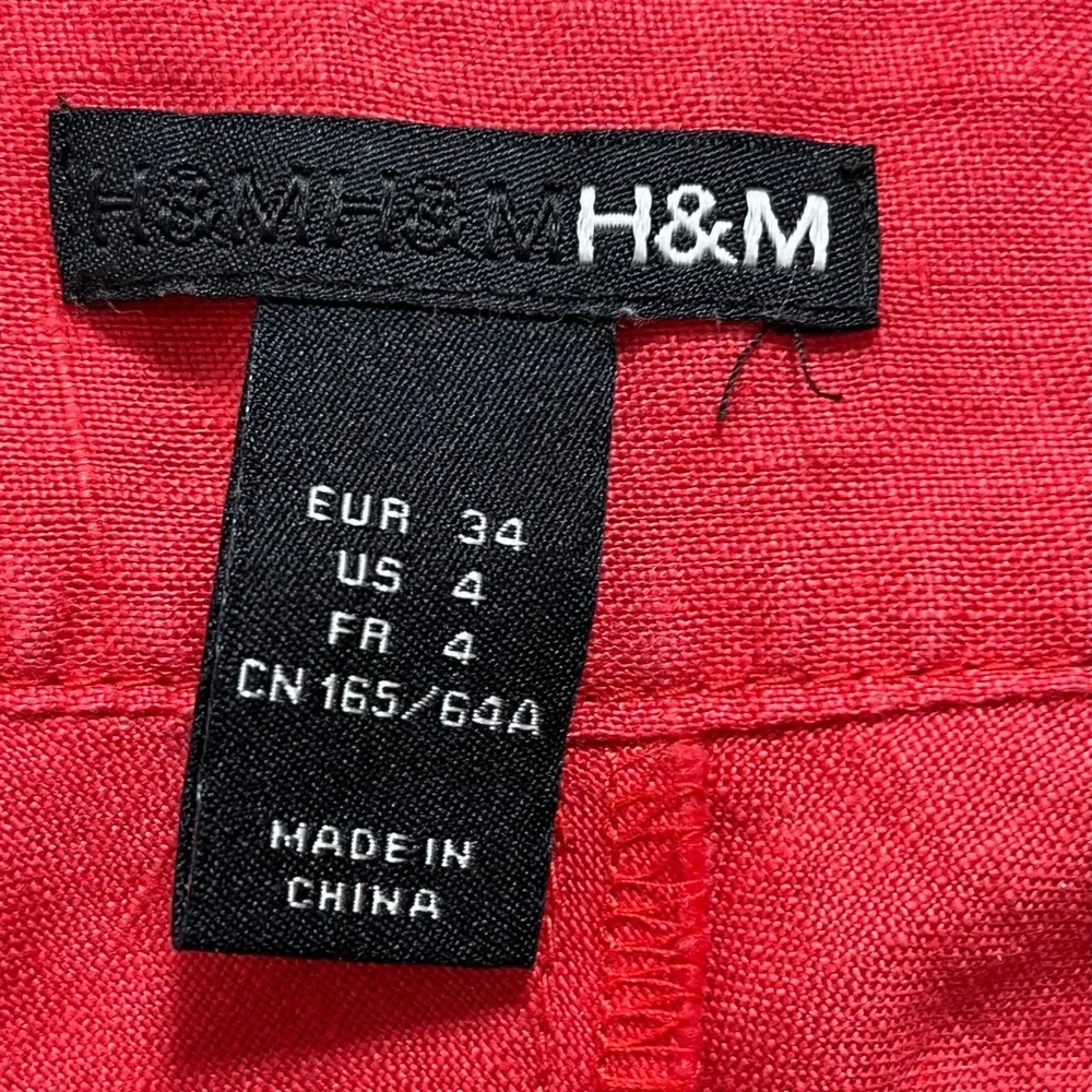 H&M Skirt Women's 4 Red Linen Button Side‎ Zipper Pleated A-Line Mini Pocket